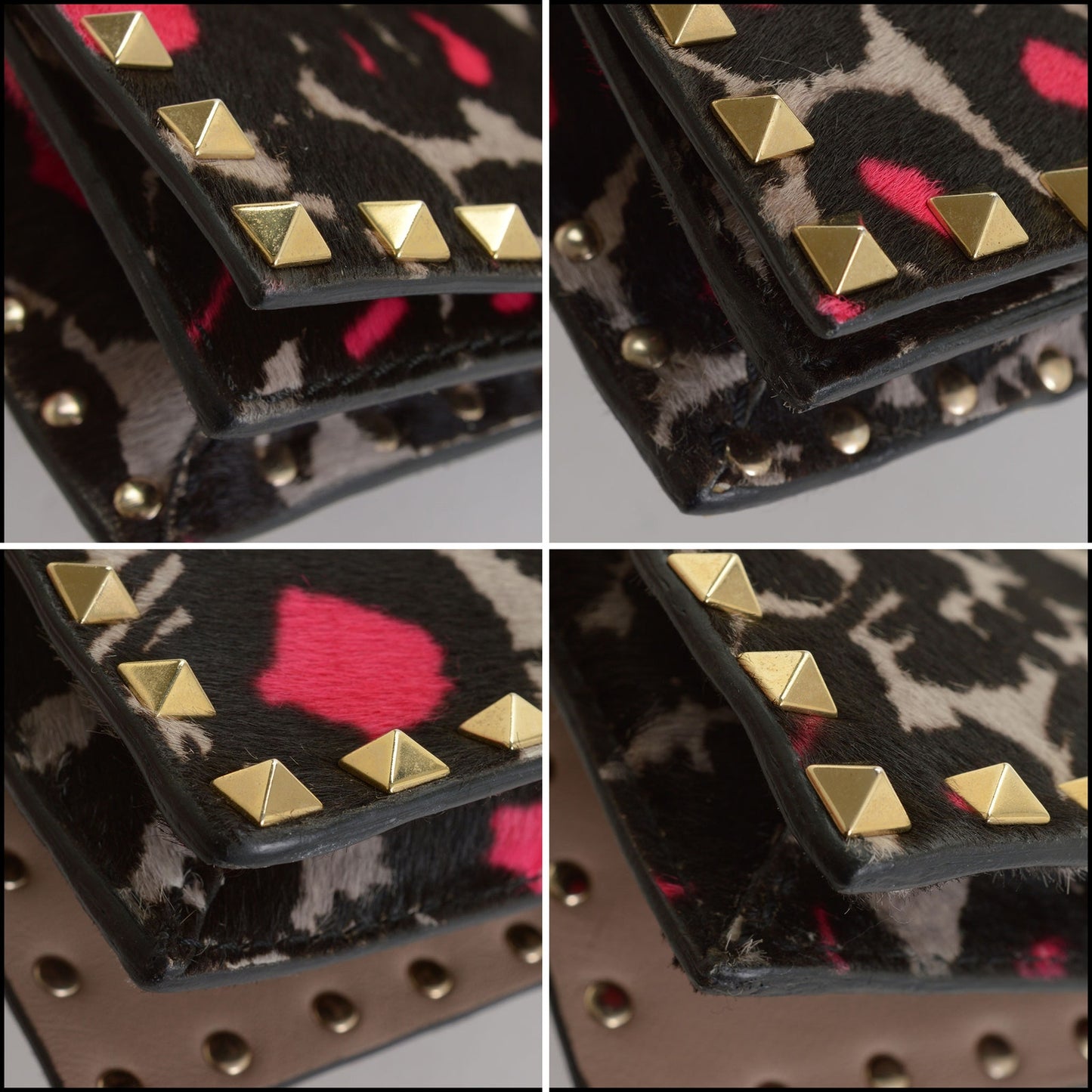 RDC14658 VALENTINO Leopard Print Pony Fur Rockstud Wrist Clutch