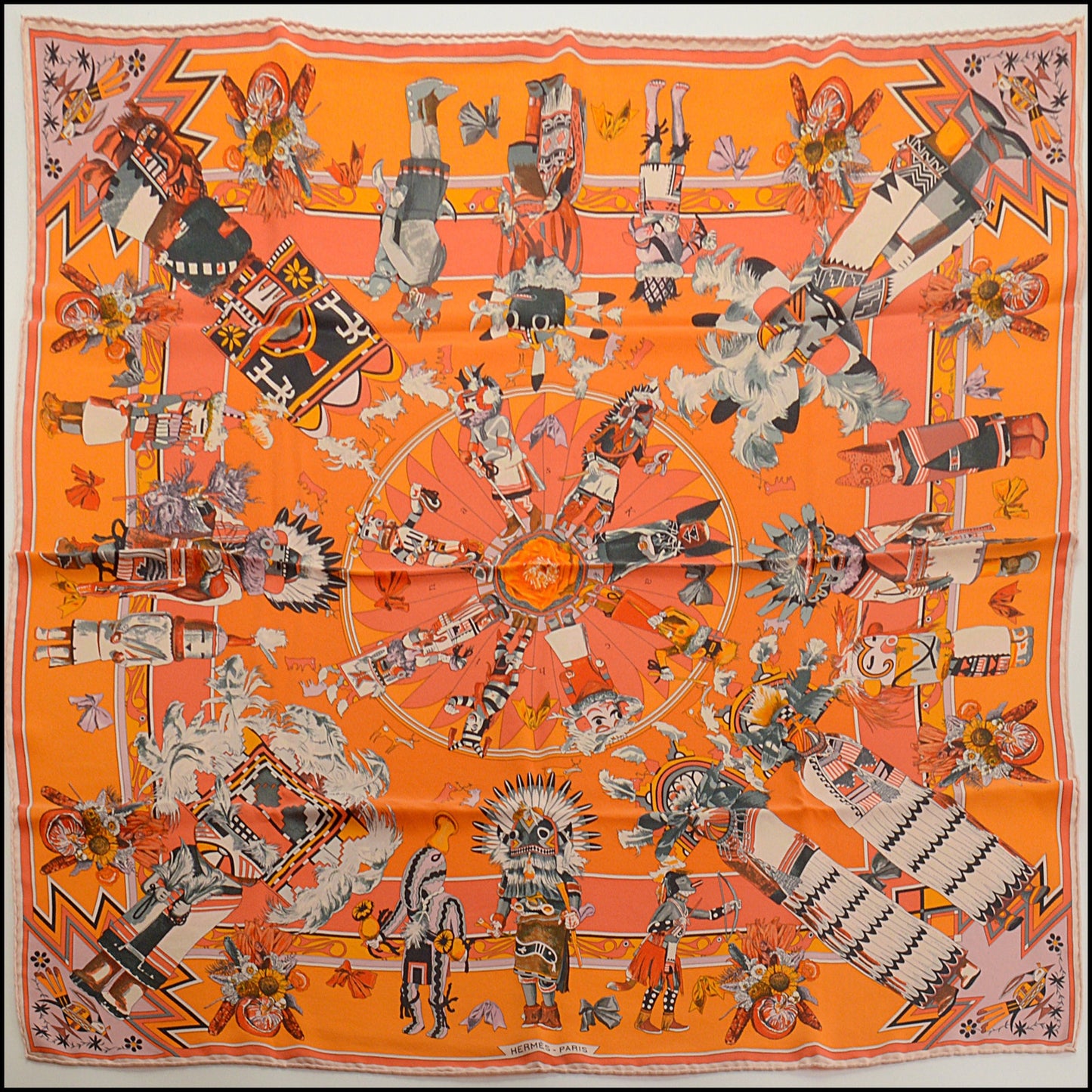 RDC15455 HERMES Orange Kachinas Silk Scarf 90cm Kermit Oliver