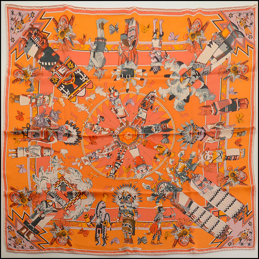 RDC15455 HERMES Orange Kachinas Silk Scarf 90cm Kermit Oliver
