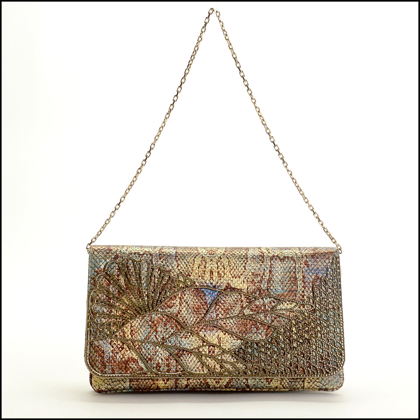 RDC15263 JUDITH LEIBER Multicolor Snake Print Fabric Crystal Leaf Flap Bag