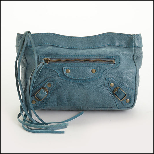 RDC14901 BALENCIAGA '05 Teal Blue Chevre Goatskin Makeup Clutch
