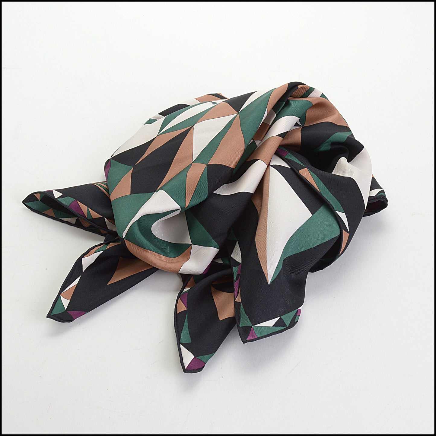 RDC14250 Authentic CARTIER Black/Green/Purple/Tan Triangles 90cm Silk Scarf