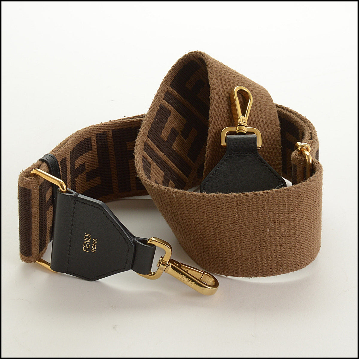 RDC15681 FENDI Brown Zucca Canvas & Black Leather FF Strap You Wide Shoulder Strap