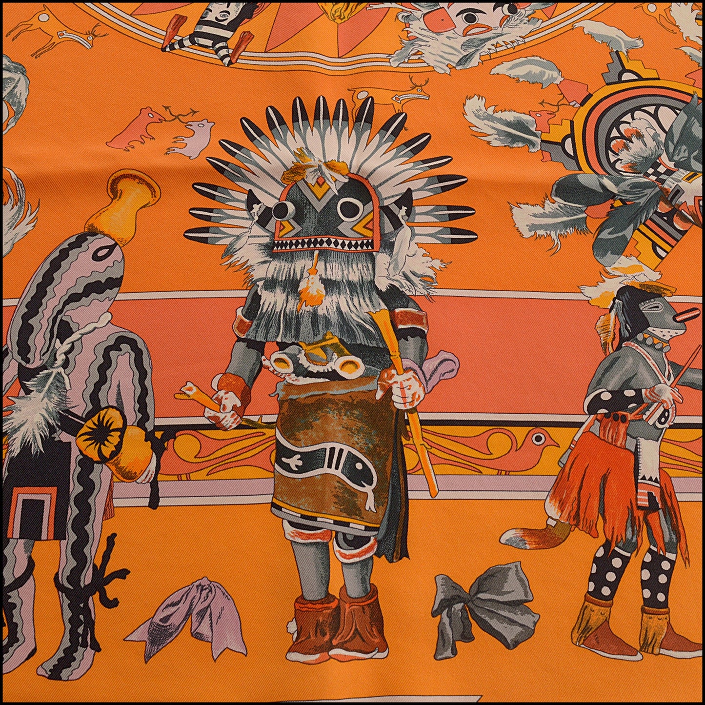 RDC15455 HERMES Orange Kachinas Silk Scarf 90cm Kermit Oliver