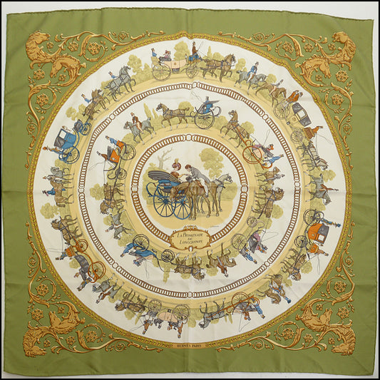 RDC14886 HERMES Green/White "La Promenade de Longchamps" 90cm Scarf