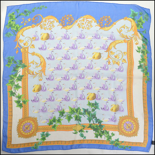 RDC14797 GIANNI VERSACE Vintage Blue Swans Silk Chiffon Scarf