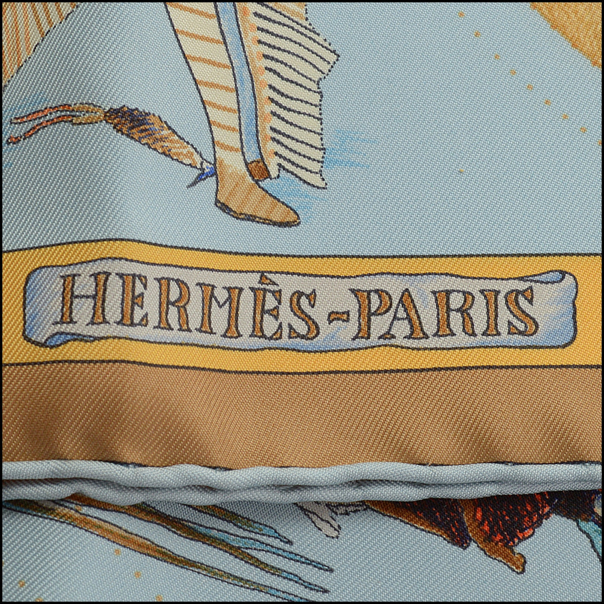 RDC15676 HERMES Light Blue/Tan ''Les Danses Des Indiens'' Scarf Kermit Oliver