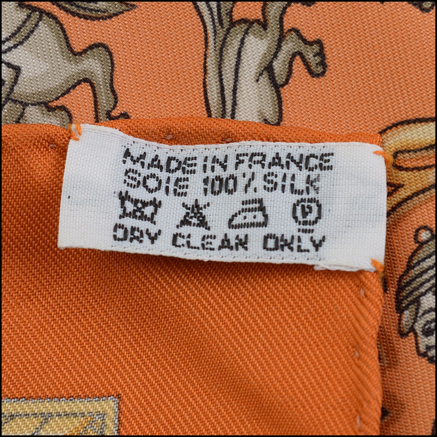 RDC14393 Authentic HERMES Orange/Gold/Silver Chasse en Inde 90cm Silk Scarf