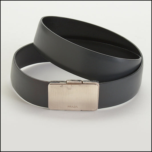 RDC14723 PRADA Grey Leather Push-Plaque Logo Belt Size XS