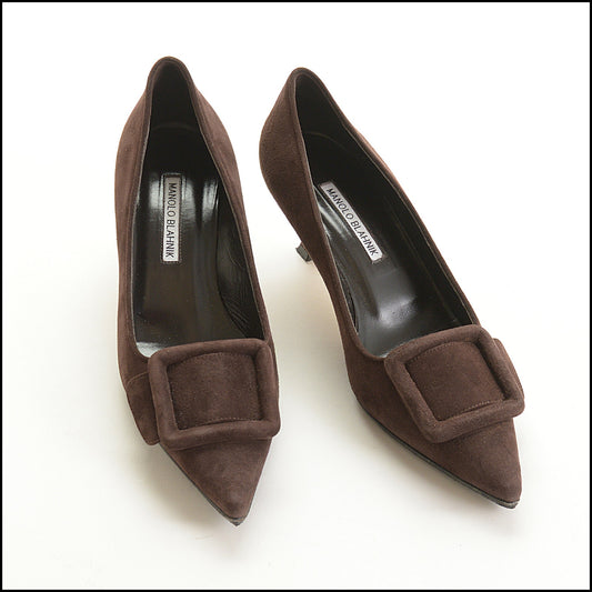 RDC15530 MANOLO BLAHNIK Brown Suede Maysale Buckle 50mm Heel Pumps Size 38.5