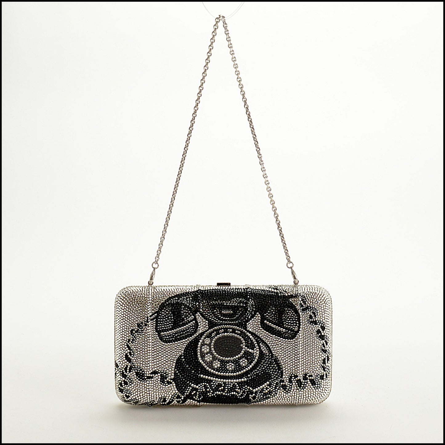 RDC15268 JUDITH LEIBER Silver/Black Telephone Crystal Box Minaudiere Bag