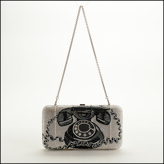 RDC15268 JUDITH LEIBER Silver/Black Telephone Crystal Box Minaudiere Bag