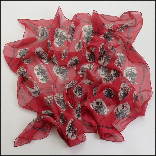 RDC14392 Authentic ALEXANDER MCQUEEN Red Silk Chiffon Decorated Skulls Scarf