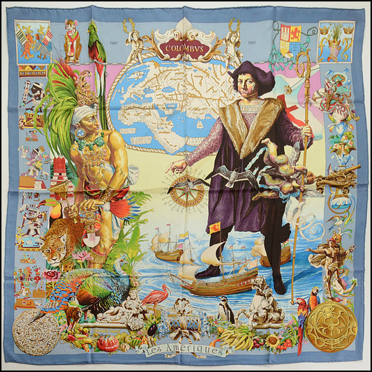 RDC15558 HERMES Blue "Les Ameriques" Kermit Oliver Silk Scarf 90 cm