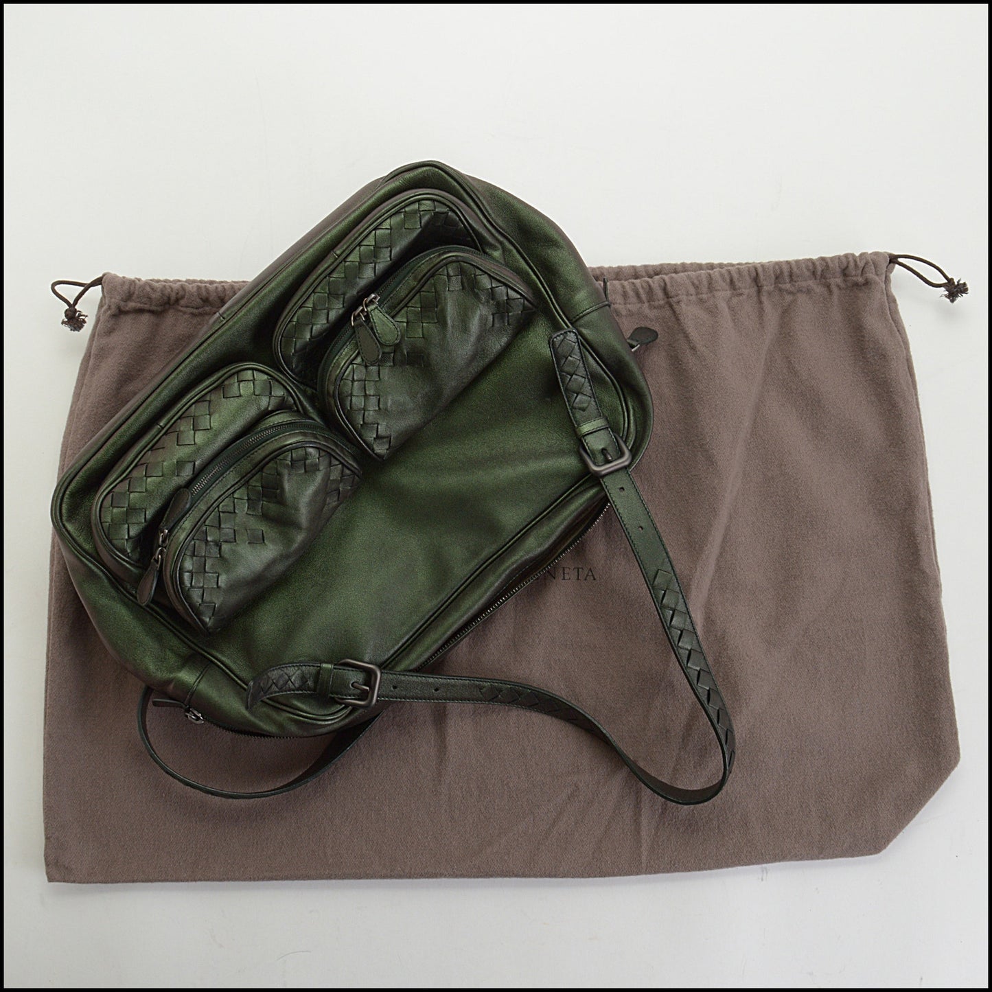 RDC14492 Bottega Veneta Metallic Green Lambskin Double Pocket Bag