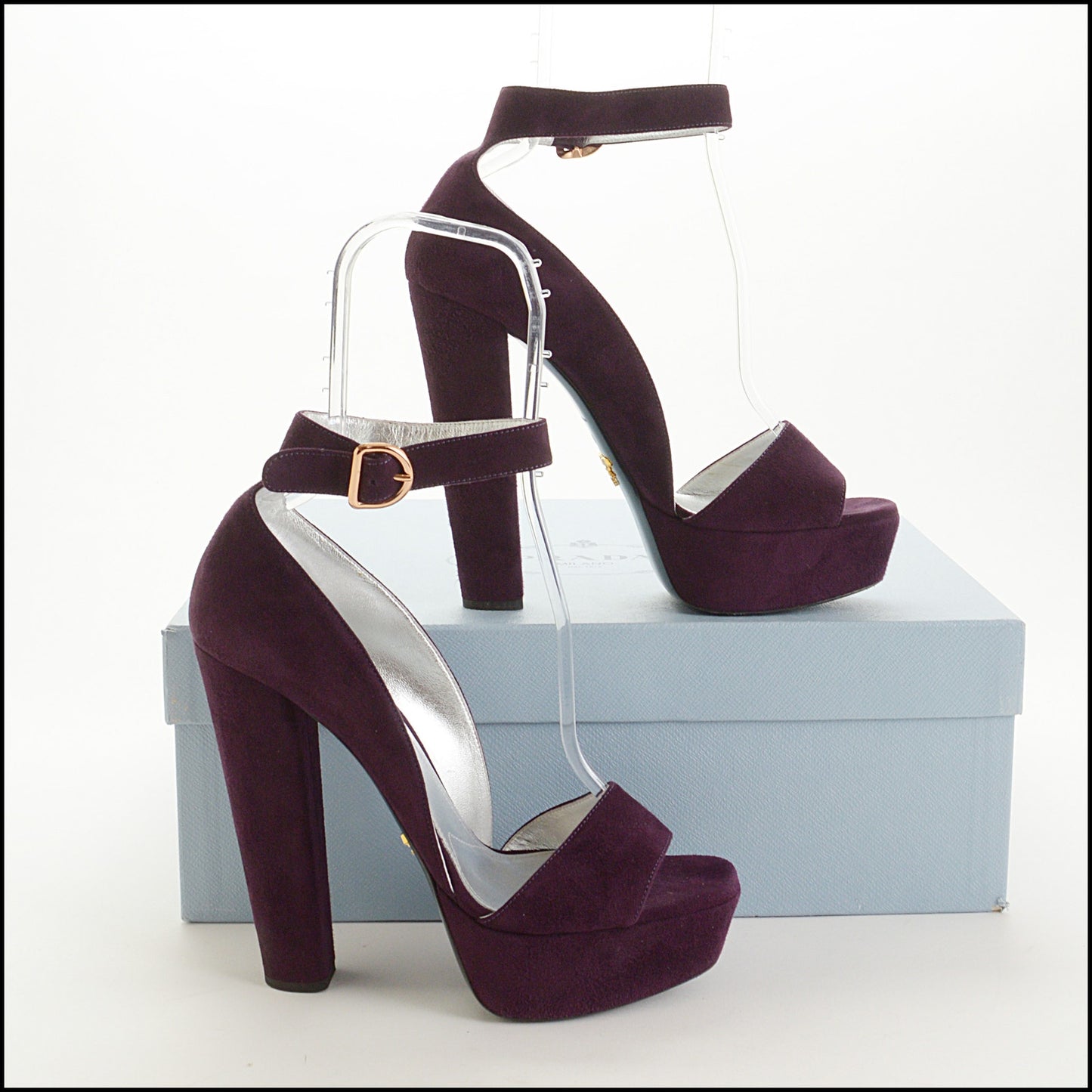 RDC15541 PRADA Deep Purple Suede Ankle Wrap Platform Heels Size 40