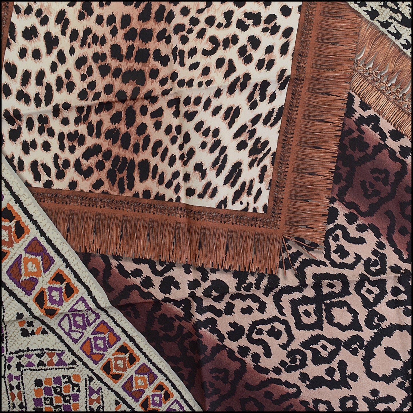 RDC14262 Authentic LONGCHAMP Brown/Multicolor Animal Print Rugs 90cm Silk Scarf