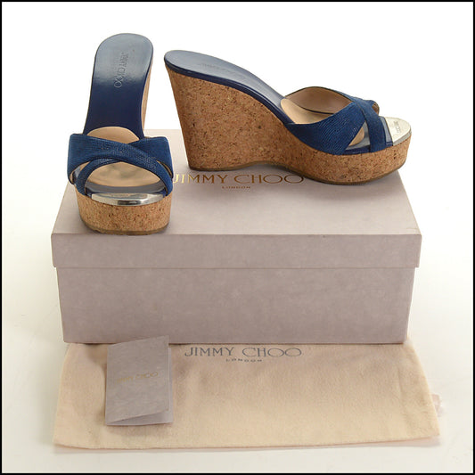 RDC15711 JIMMY CHOO Blue Perfume Cork Platform Wedge Heels Size 38