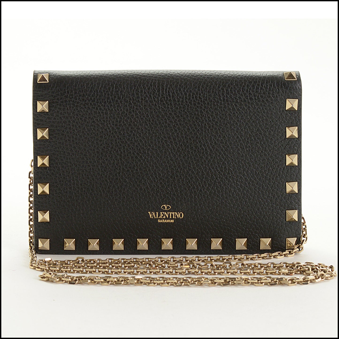 RDC15542 VALENTINO Black Pebbled Leather Rockstud Envelope Wallet on Chain