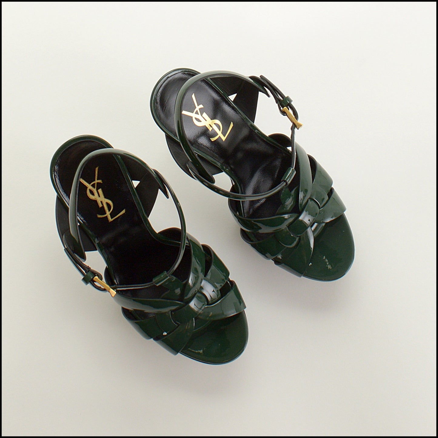 RDC15197 SAINT LAURENT Green Patent Leather Tribute T-Strap Platform Heel Size 38.5