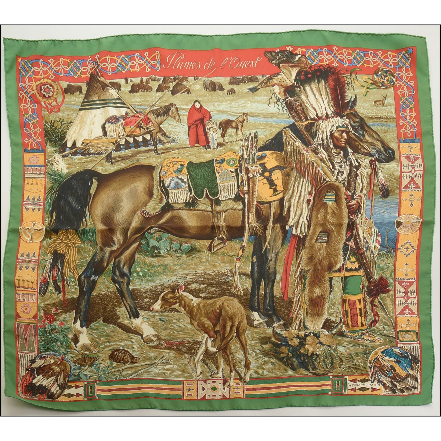 RDC15598 HERMES Vintage Green Multi "Plumes de L'Ouest" Cheyennes 90 Silk Scarf Kermit Oliver