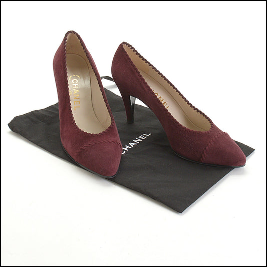 RDC14750 CHANEL Bordeaux Suede Whipstitch Pumps Size 37.5