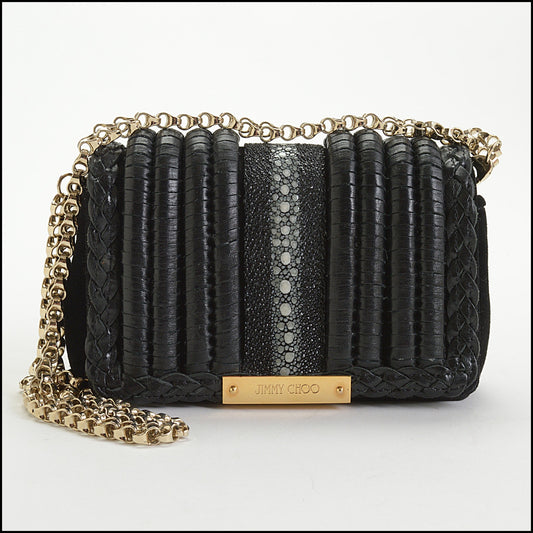 RDC14394 Authentic JIMMY CHOO '10 Black Leather Suede Stingray Evening Bag