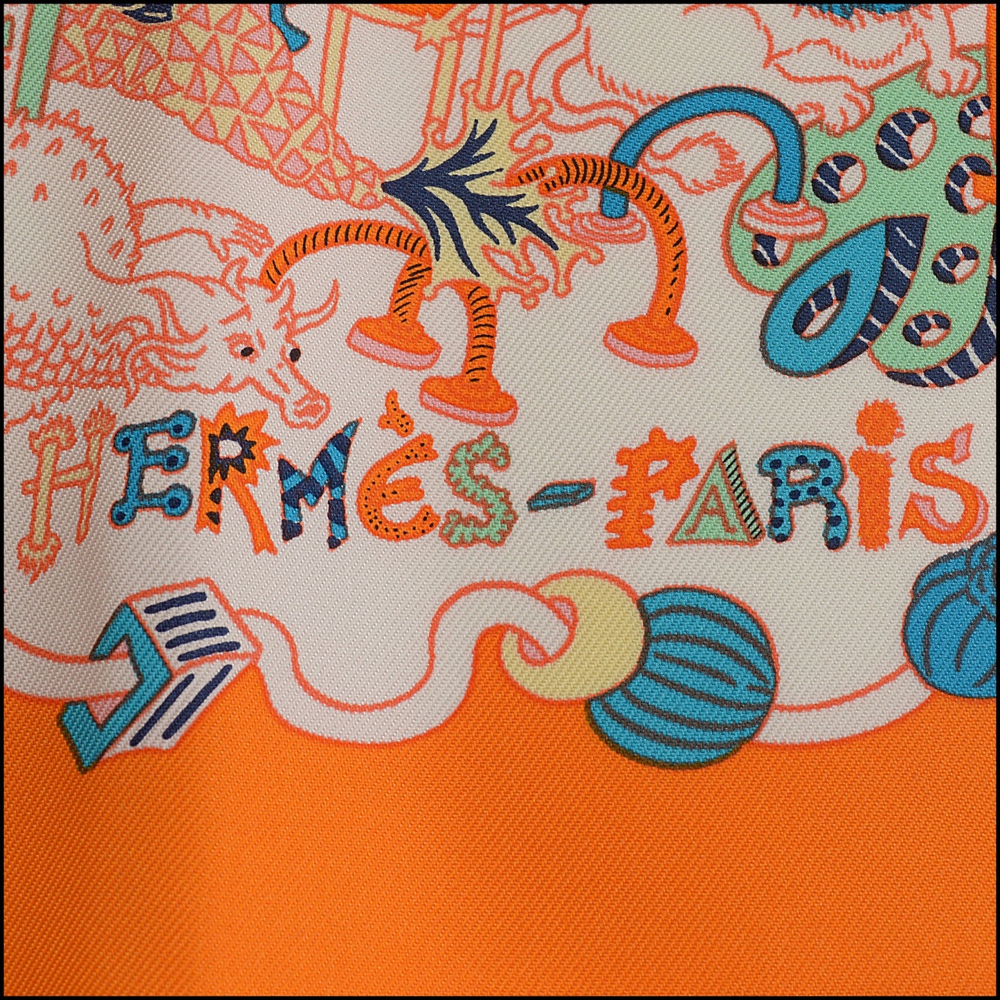 RDC15458 HERMES '20 Orange/White "La Folle Parade" Silk Scarf 90cm
