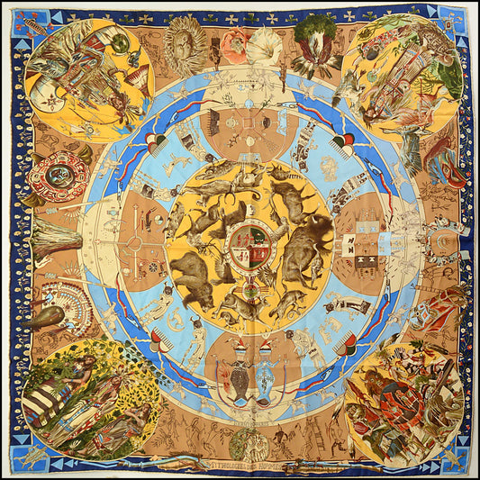 RDC15557 HERMES Blue "Mythologies Des Hommes Rouges" Kermit Oliver Silk Scarf 90 cm