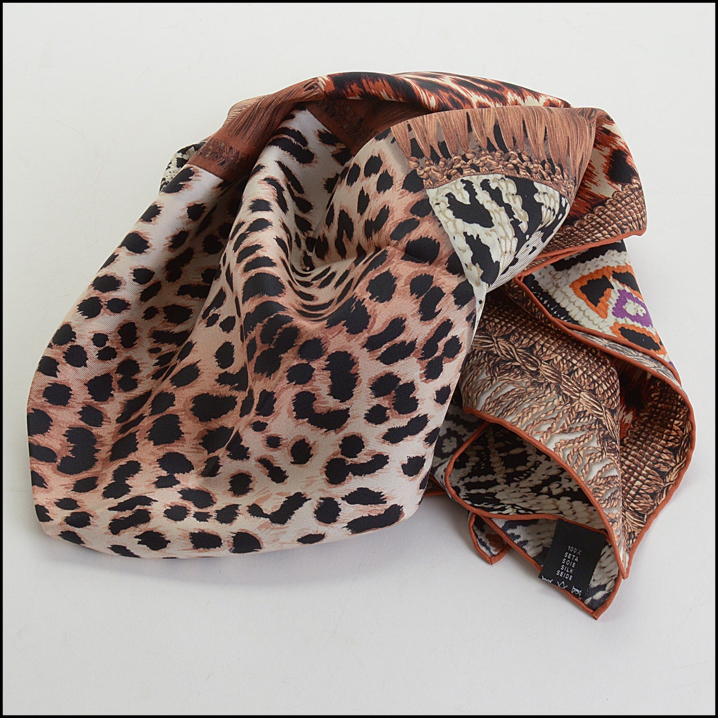 RDC14262 Authentic LONGCHAMP Brown/Multicolor Animal Print Rugs 90cm Silk Scarf