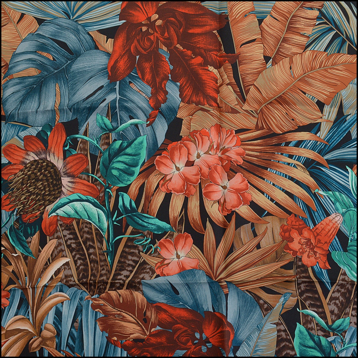 RDC14259 Authentic SALVATORE FERRAGAMO Copper/Multicolor Foliage 90cm Silk Scarf