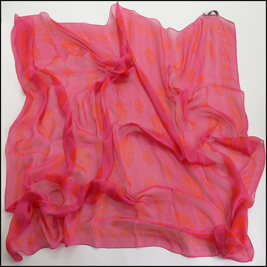 RDC14353 Authentic ALEXANDER MCQUEEN Magenta/Red 100% Silk Chiffon Skull Scarf