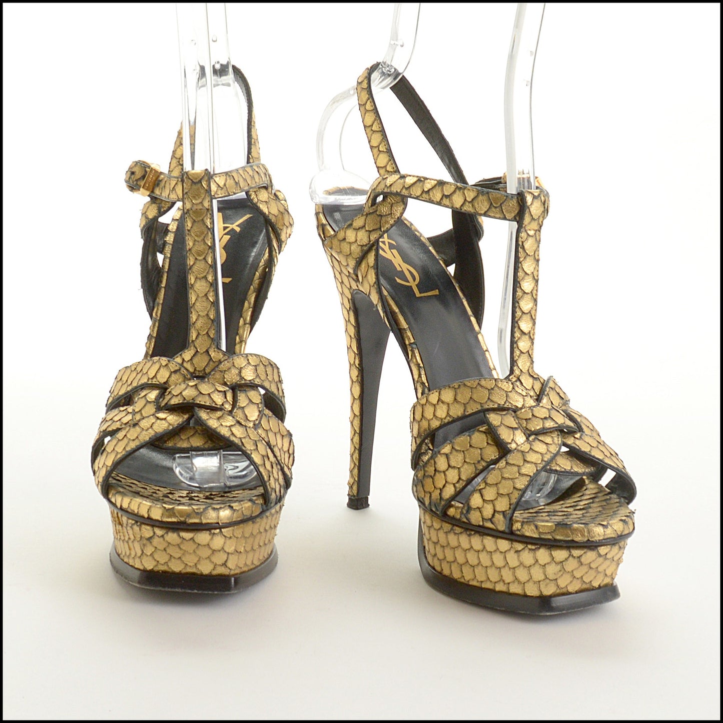 RDC15210 SAINT LAURENT Gold Tribute Snakeskin Effect Platform Heels Size 38