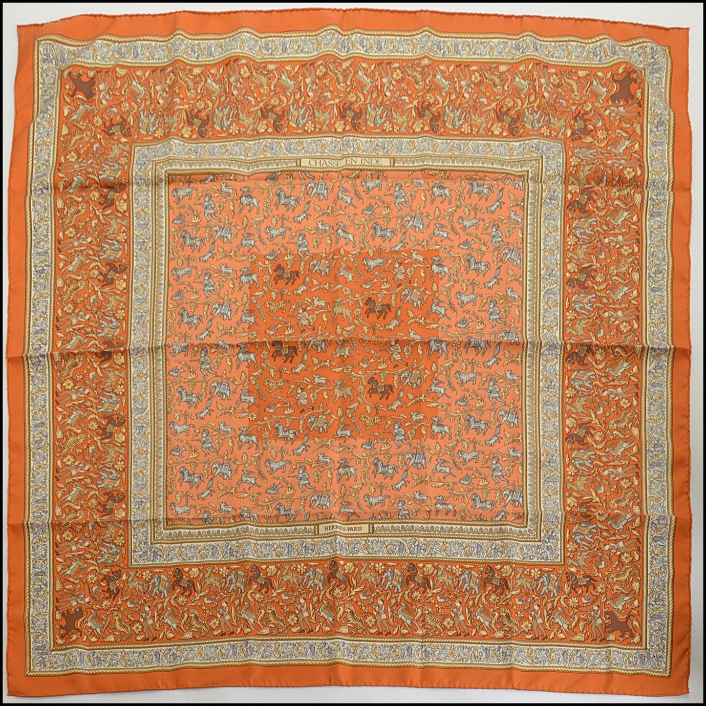 RDC14393 Authentic HERMES Orange/Gold/Silver Chasse en Inde 90cm Silk Scarf