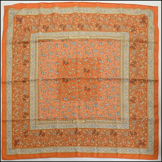 RDC14393 Authentic HERMES Orange/Gold/Silver Chasse en Inde 90cm Silk Scarf
