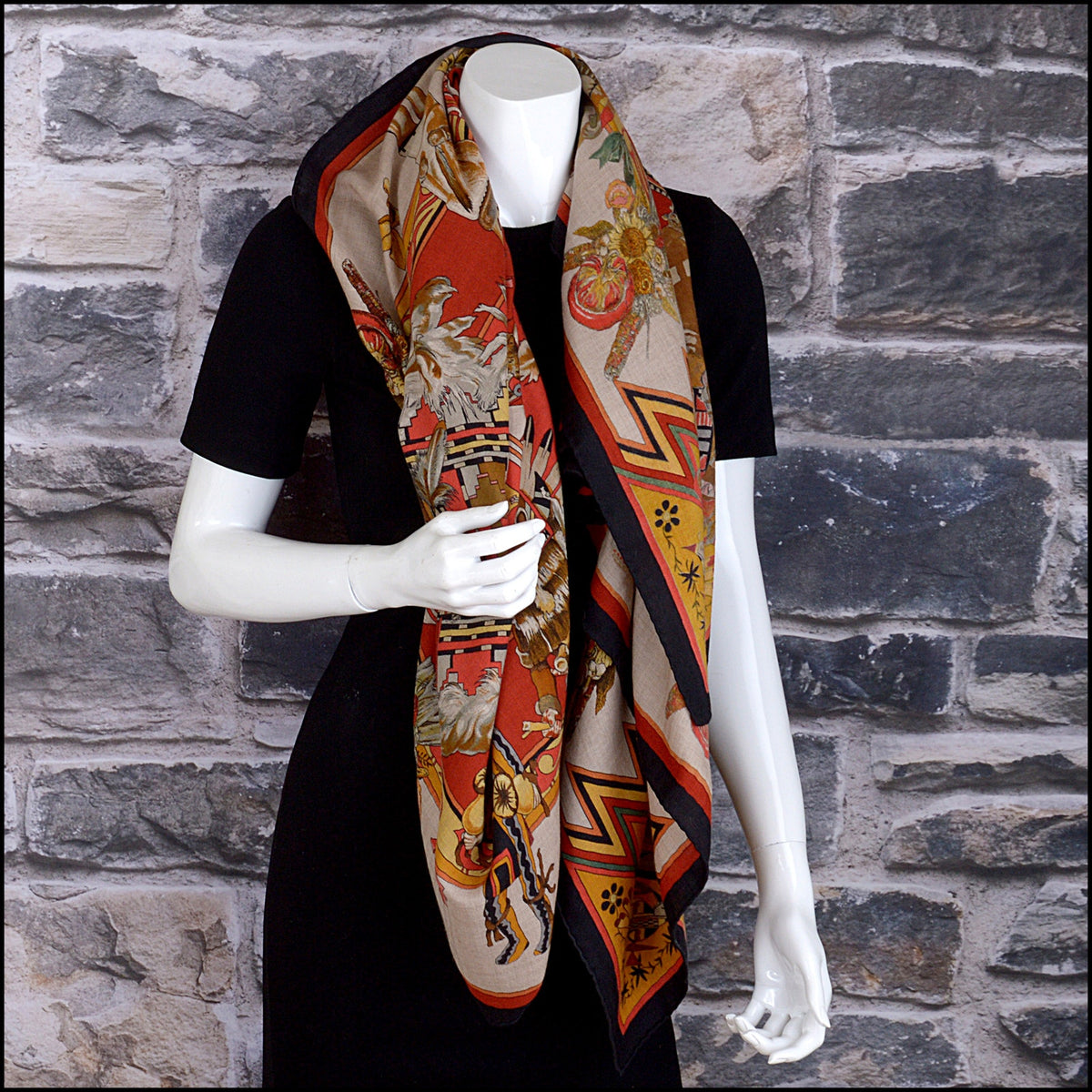 RDC15685 HERMES Black/Rouge/Natural "Kachinas" 140 Cashmere Shawl Kermit Oliver