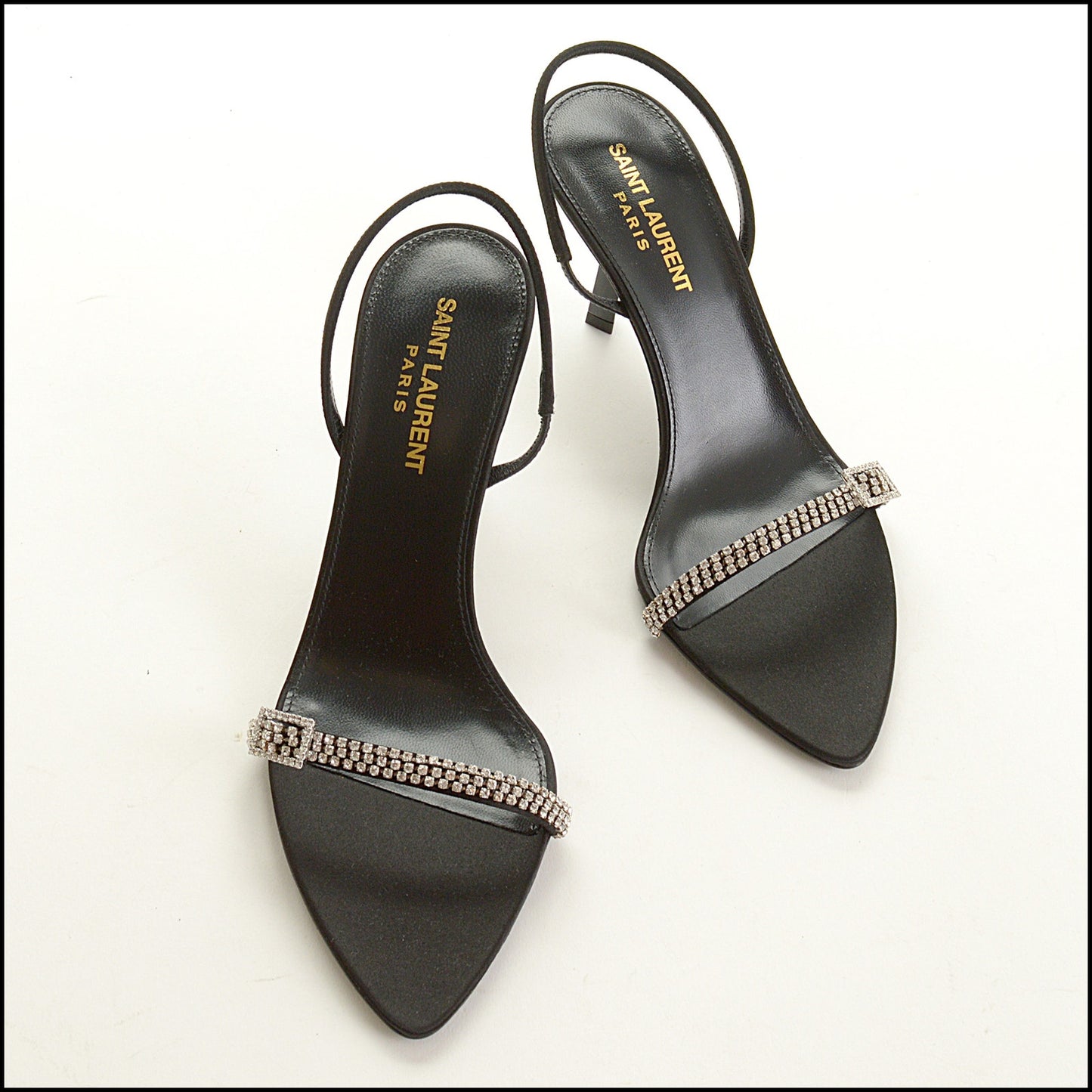 RDC15553 SAINT LAURENT Black Crystal Rendezvous Satin Crepe Sandals Size 36.5