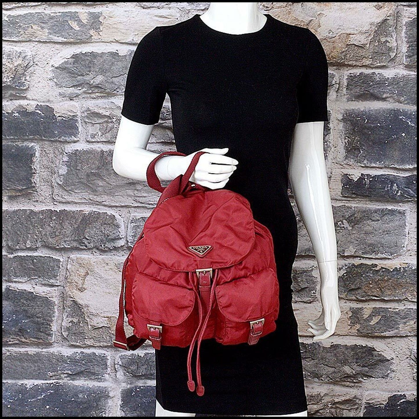 RDC11285 Authentic PRADA Vintage Red Tessuto Nylon Double-Pocket Small Backpack