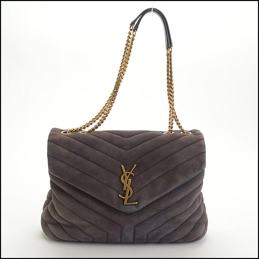 RDC14528 SAINT LAURENT Brown Quilted Suede Loulou Small Shoulder Bag
