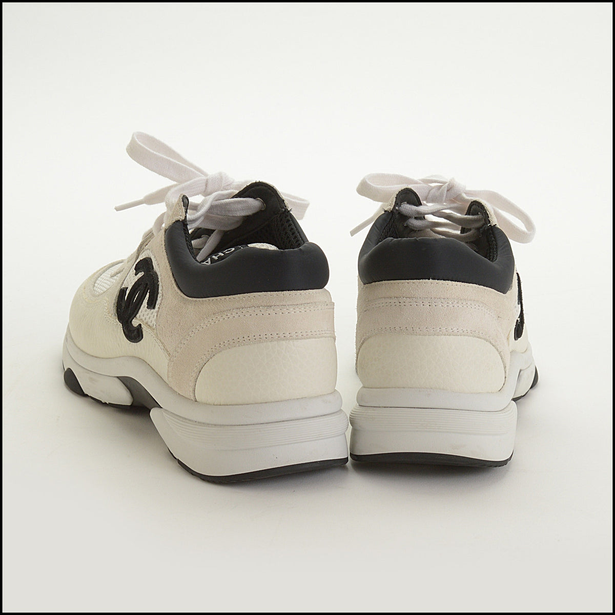 RDC15672 CHANEL Black CC White Mesh/Leather/Light Gray Suede Sneakers Size 38