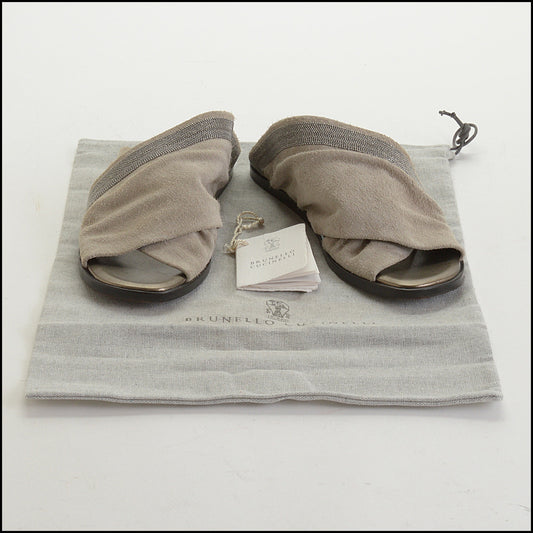 RDC14959 Authentic BRUNELLO CUCINELLI Grey Suede Monili Beaded Accent Slides Size 39