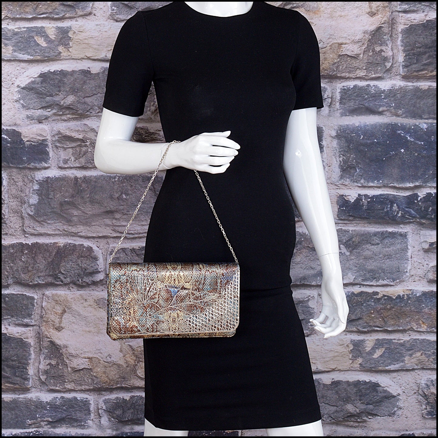 RDC15263 JUDITH LEIBER Multicolor Snake Print Fabric Crystal Leaf Flap Bag