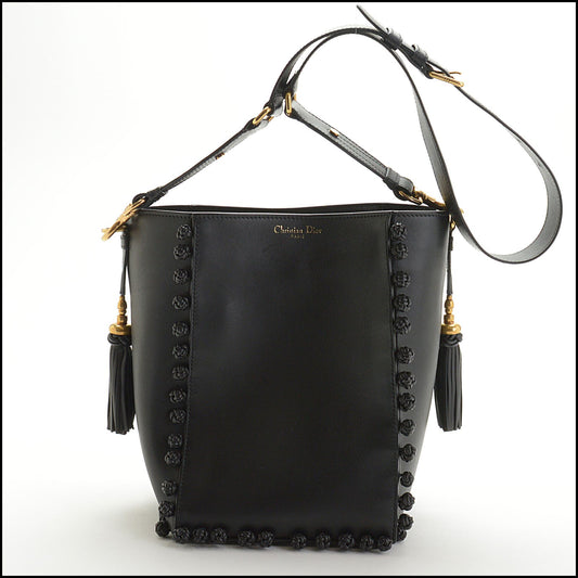 RDC13863 Authentic DIOR Black Leather Knotted Hobo Bucket Bag