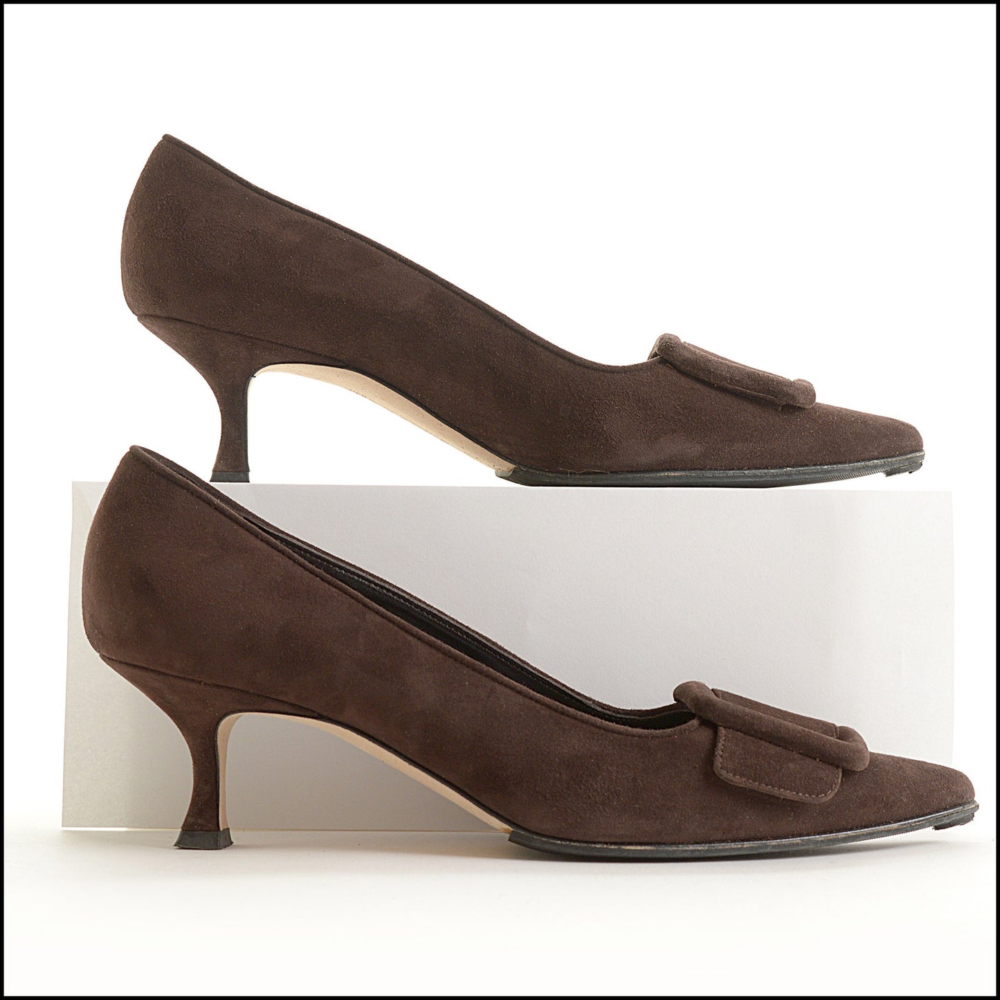 RDC15530 MANOLO BLAHNIK Brown Suede Maysale Buckle 50mm Heel Pumps Size 38.5