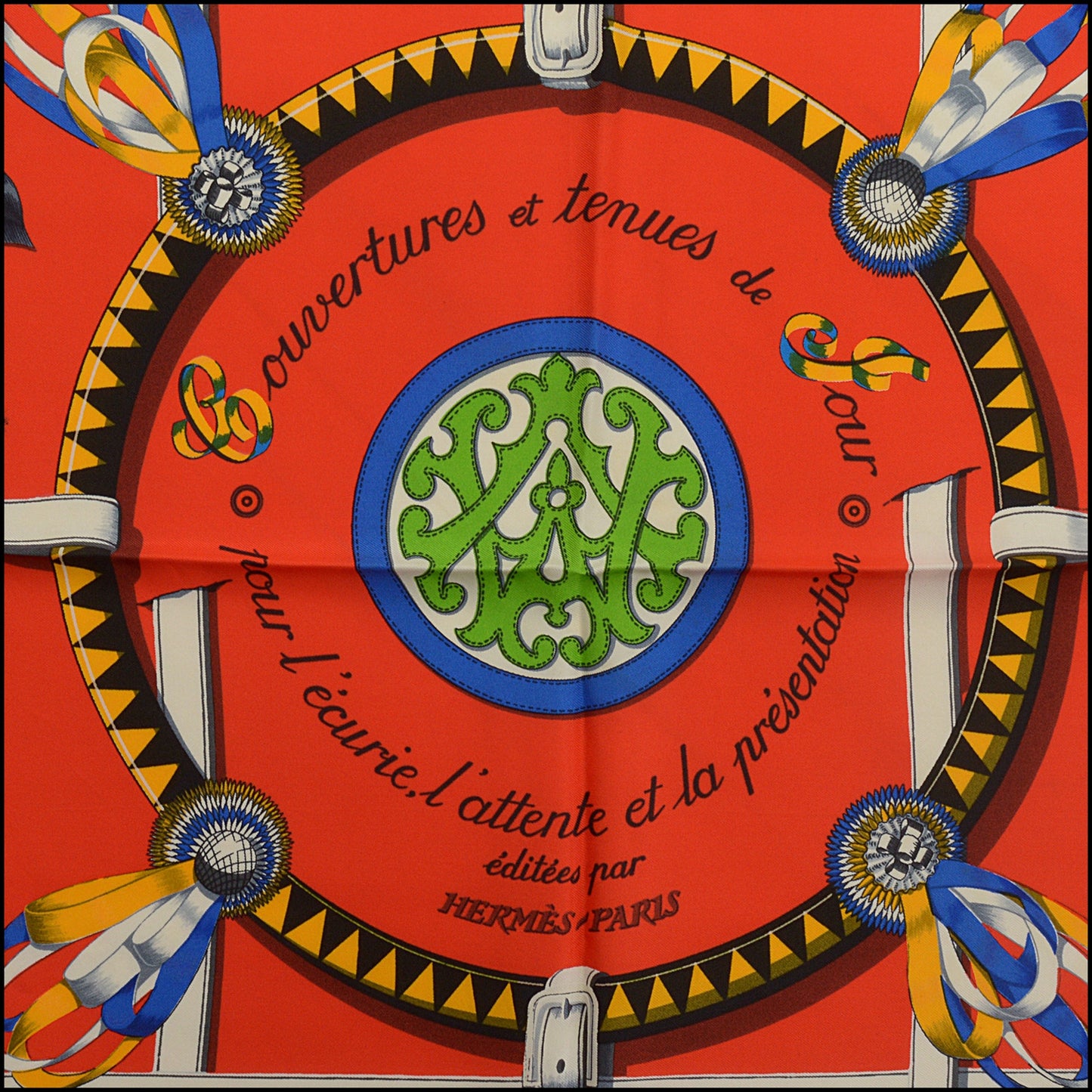 RDC15461 HERMES Vintage 1974 Red "Couvertures et Tenues de Jour" Silk Scarf 90 cm