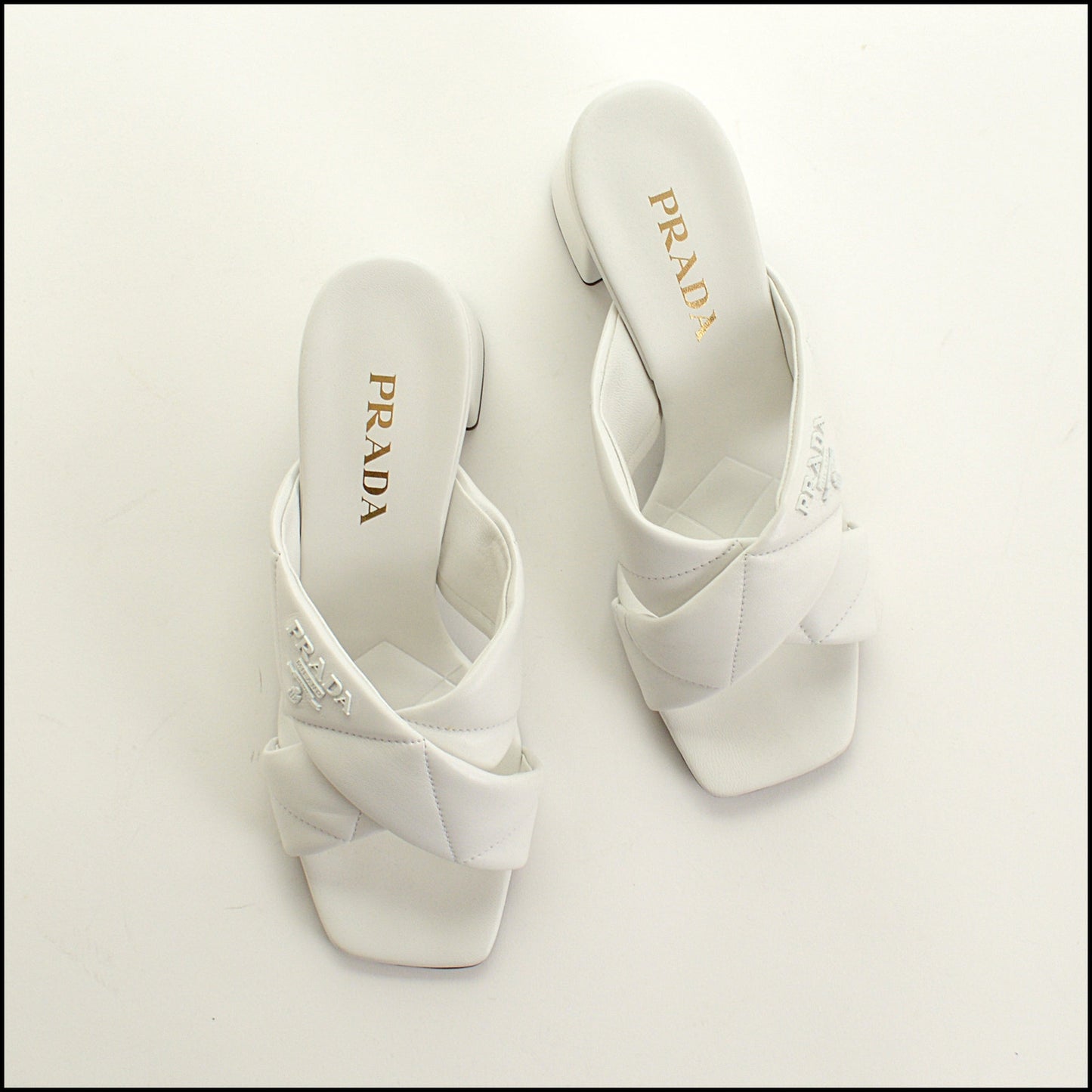 RDC15430 PRADA White Quilted Criss-Cross Sandals with Block Heel Size 39.5