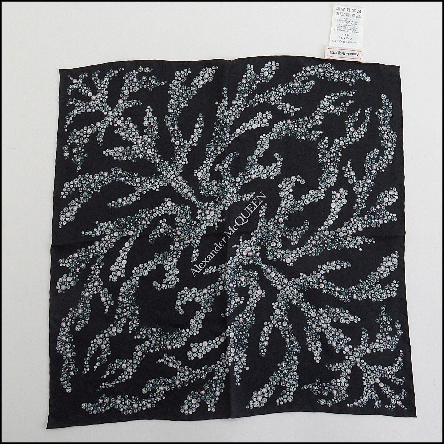 RDC13547 Authentic ALEXANDER MCQUEEN Black & Grey Gem & Pearl Silk Scarf