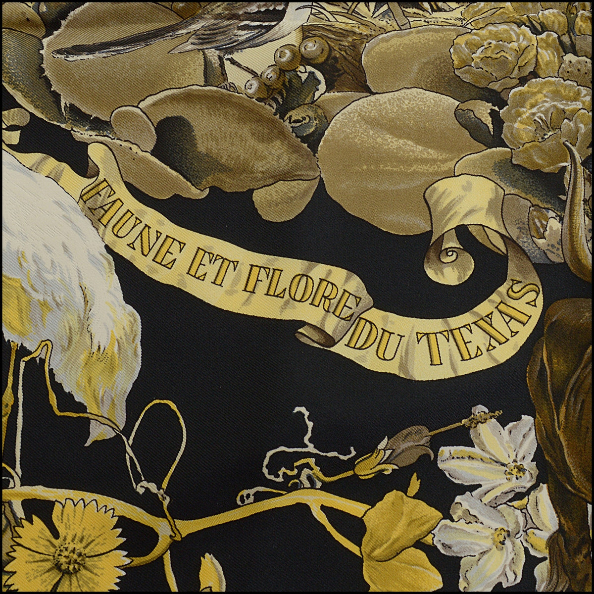 RDC15688 HERMES Black/Red/Gold ''Faune et Flore du Texas'' Carre 90 Silk Scarf Kermit Oliver