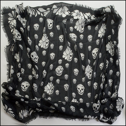 RDC14471 Alexander McQueen Black/White Skull Flower Modal & Silk Chiffon Scarf