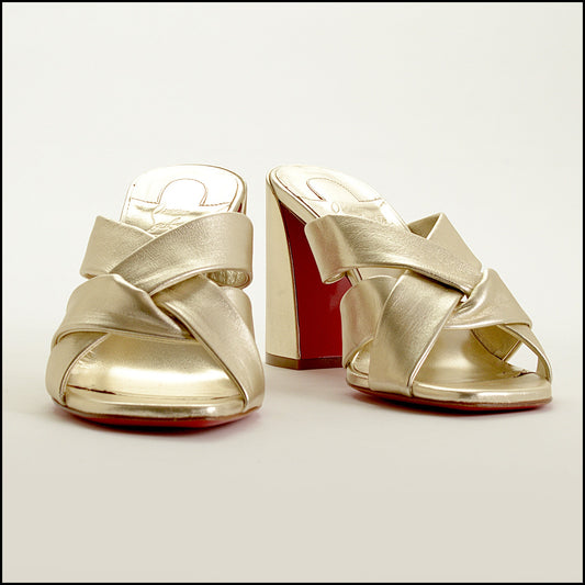 RDC15432 CHRISTIAN LOUBOUTIN Gold Disco/Dispo Club 85 Leather Mules Size 39